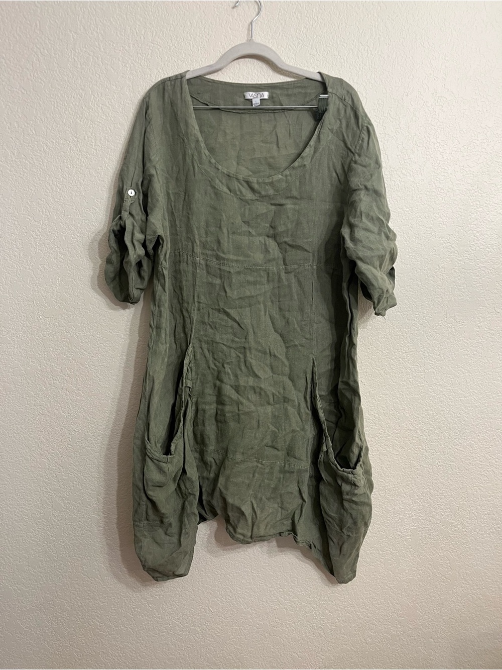 100% linen Vasna Relaxed Olive Midi Tunic Dress with Rolled Sleeves